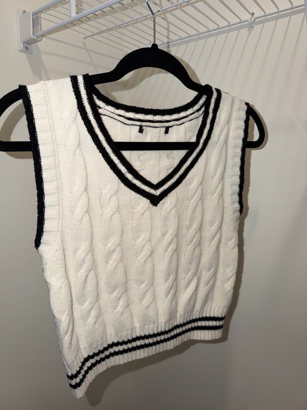 Cable Knit V-Neck Sweater Vest in White with Black Trim